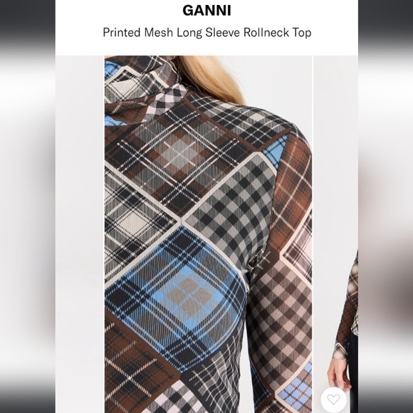Ganni Plaid Print Rollneck Turtleneck Mesh Blouse - Picture 2 of 8